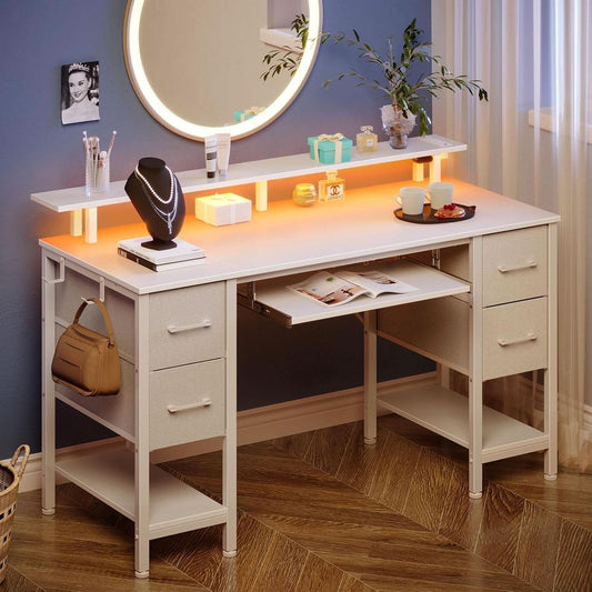 47.2 Inch White LED Desk With Power Outlets And Drawers