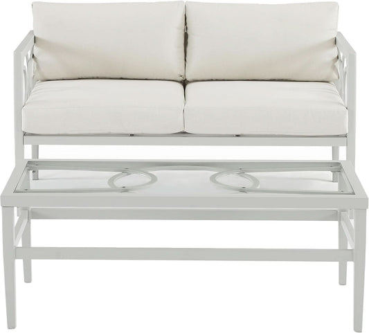 2 Piece Outdoor Coffee Table And Loveseat Set Gray Frame Creme Cushions