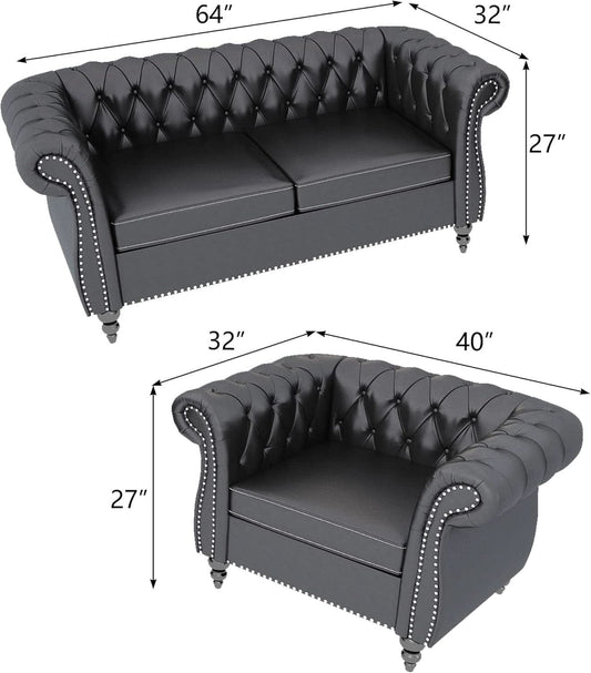 Sectional PU Leather Modular Sofa Couches, Black Tufted Cushions