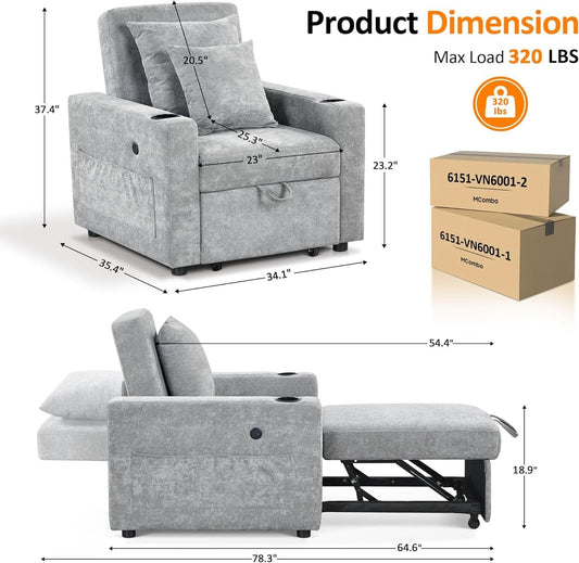 Convertible Sleeper Chair Bed With Linen Upholstery