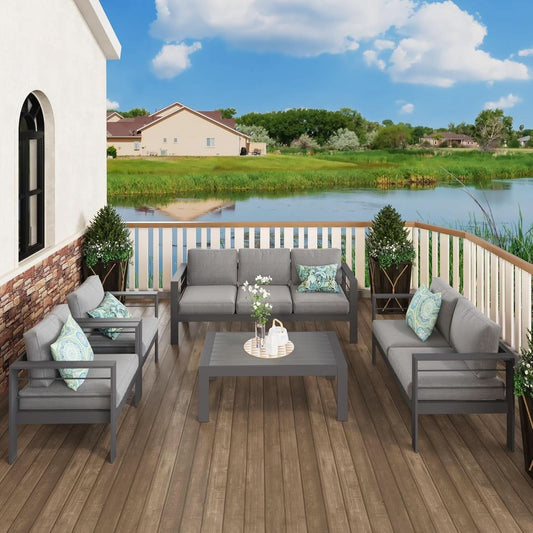 Aluminum Patio Furniture Set Seven Seat Outdoor Conversation Grey Cushions