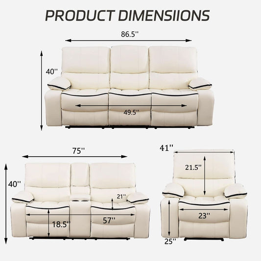 Creamy White Leather Recliner Sofa Set With Storage Console