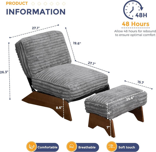 Grey Adjustable Accent Chair Featuring Plush Ottoman
