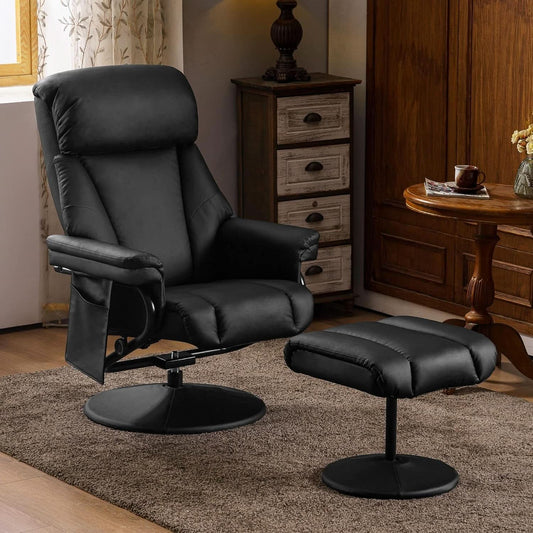 Swivel Recliner With Ottoman Black Faux Leather Massage