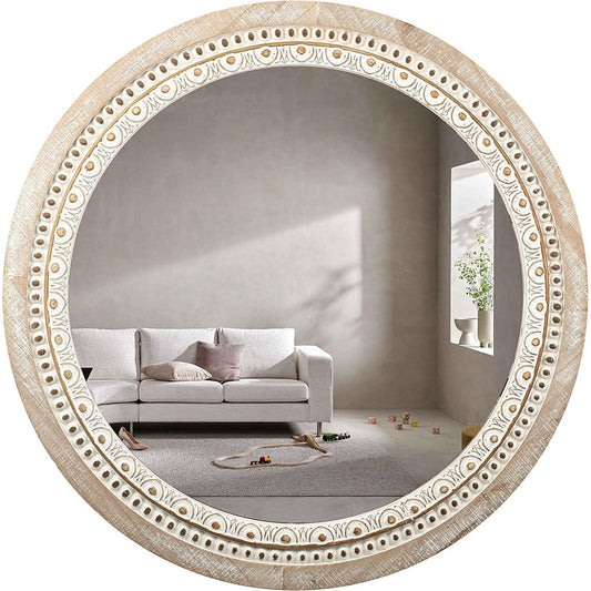 Farmhouse Rustic 30 Inch Wooden Round Mirror Wall Decor