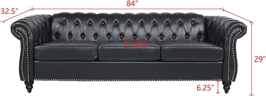 3 Seater PU Chesterfield Sofa Black Tufted Nailhead Trim