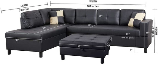 Faux Leather Sectional Sofa With Chaise Black For Living