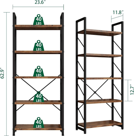 5 Tier Bookshelf Rustic Brown Tall Bookcase For Home Office