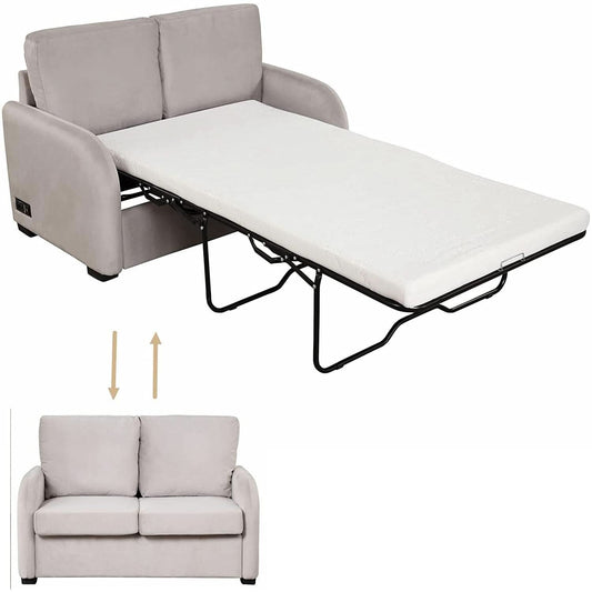 2 In 1 Velvet Sleeper Sofa With USB Port Convertible Loveseat Bed Soft Velvet Upholstery For Small Living Rooms Guests