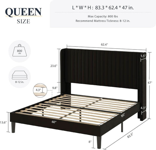 Queen Size Velvet Bed Frame With Wingback Headboard Storage