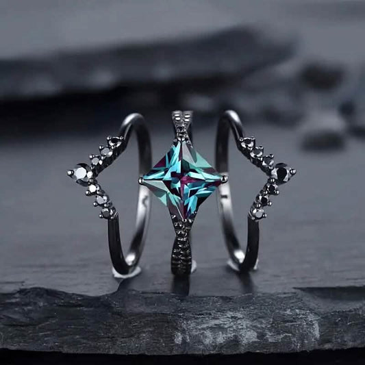 3-Piece Set: Black Square Faux Blue Zirconia Retro Luxury Ring