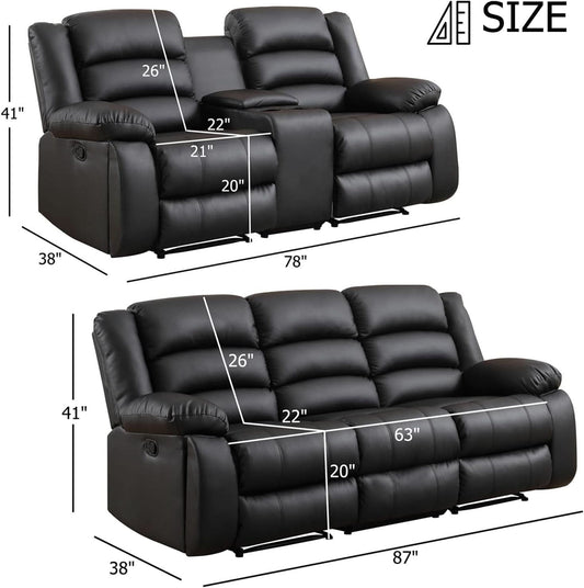 Black Faux Leather Manual Recliner Sofa Set With Loveseat