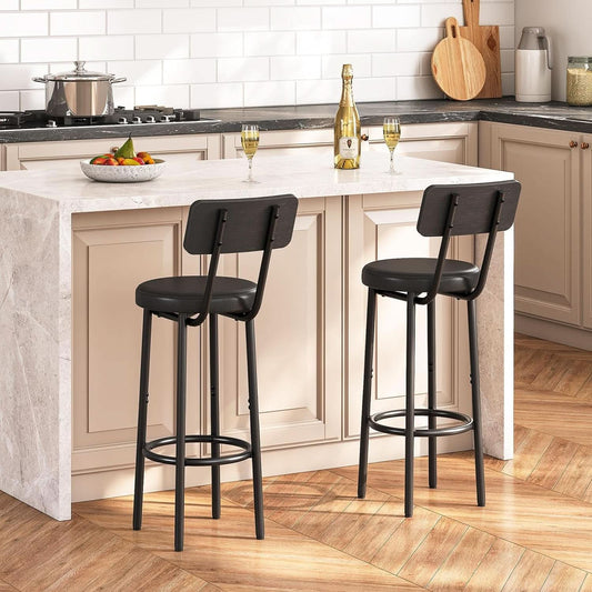 26 Inch Black PU Upholstered Bar Stools Set Of 2 With Back And Footrest