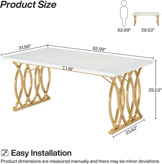 63 Inch Dining Table With Faux Marble Top For Kitchen And Dining Room