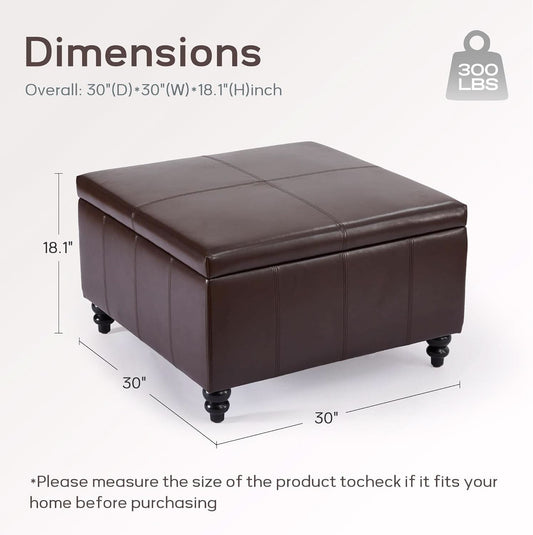 Square Leather Storage Ottoman 30-Inch Brown Durable
