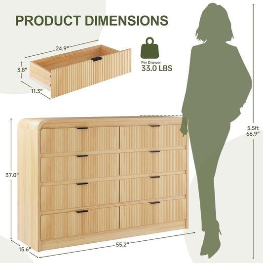 Natural Oak Fluted 8 Drawer Dresser 55 Inch Wide Bedroom