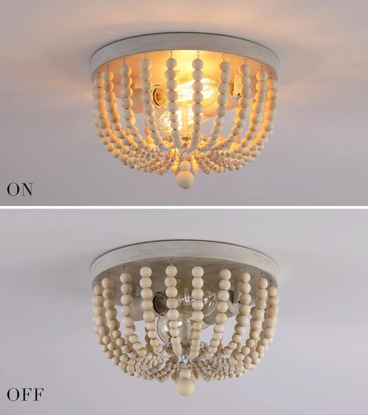 Boho Wood Beaded Flush Mount Chandelier Oak Finish 2 Lights