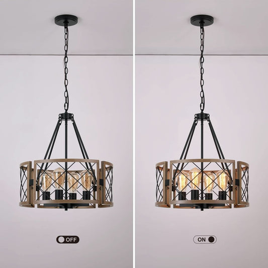 4 Light Modern Farmhouse Chandelier Grey Wood Rustic Finish