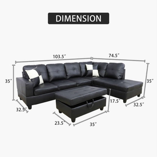 Black L Shaped 3 Piece Faux Leather Sofa Set With Storage Ottoman