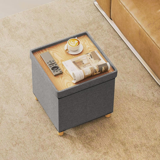 Linen Fabric Storage Ottoman Cube With Tray Lid Elevated Legs 18 Inch