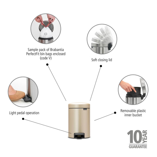Brabantia Step-On Xs Trash Can Metallic Gold 0.8 Gallon / 3L Bathroom Bedroom