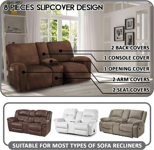 Velvet 8-Piece Reclining Loveseat Cover In Chocolate