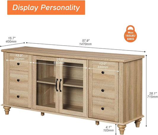 Oak Glass Door Farmhouse TV Stand For 75 Inch TVs Console