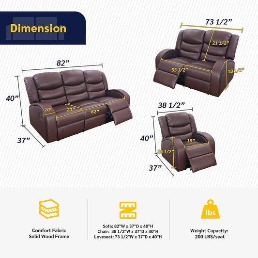 Grayson 3 Piece Faux Leather Recliner Set Sofa Loveseat Chair Brown