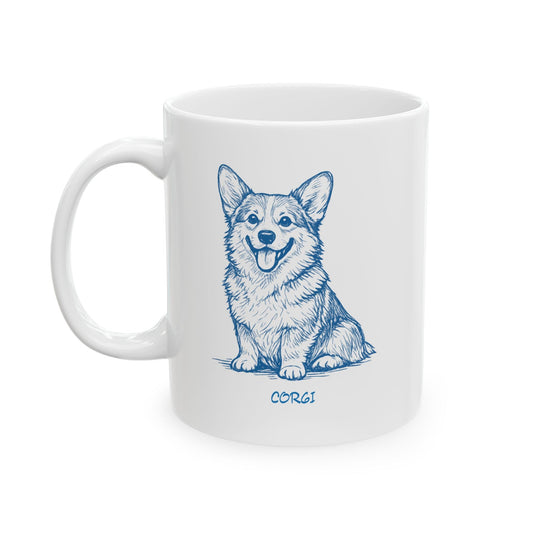 Dog Lover Ceramic Mug with Corgi Sketch Design - Cottage Style Coffee Mug