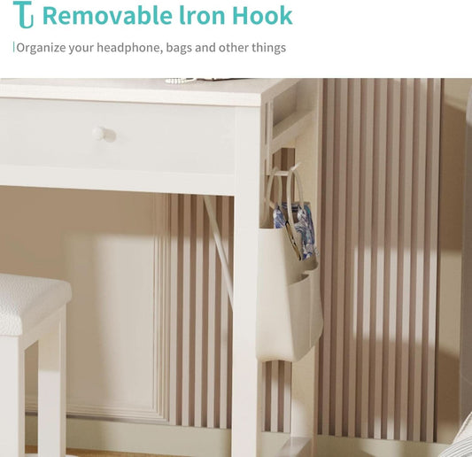 32 Inch White Vanity Desk With LED Mirror And Power Outlets