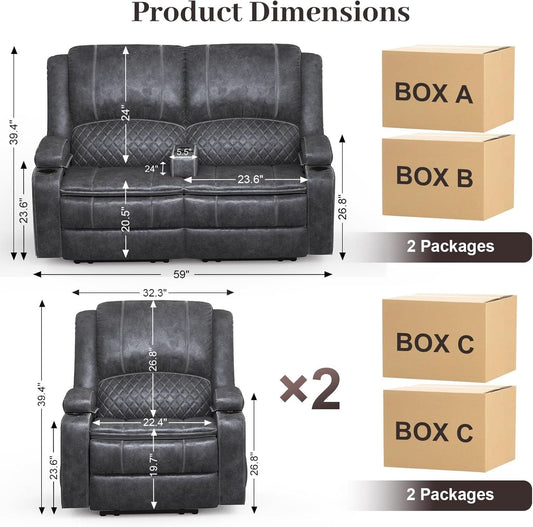 Grey Leather Reclining Loveseat Sofa Set With Console And Two Chairs