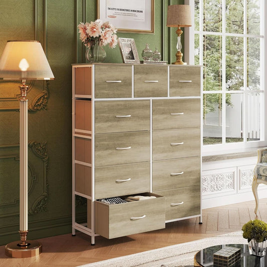 Tall Fabric Dresser Storage Tower 11 Drawer Greige Bedroom