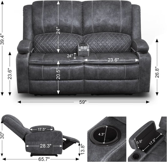 Gray Velvet Manual Recliner Loveseat With USB Ports