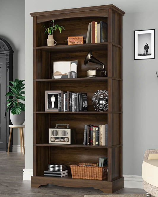 65-Inch Tall Brown Wooden Bookshelf With Five Tiers