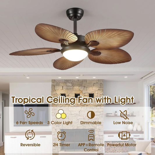 44 Inch Palm Leaf Ceiling Fan With LED Lighting Remote