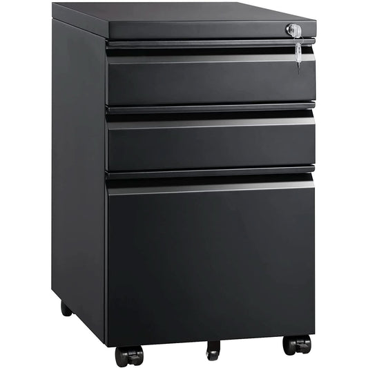 Compact Black Mobile Filing Cabinet Lockable With Drawers