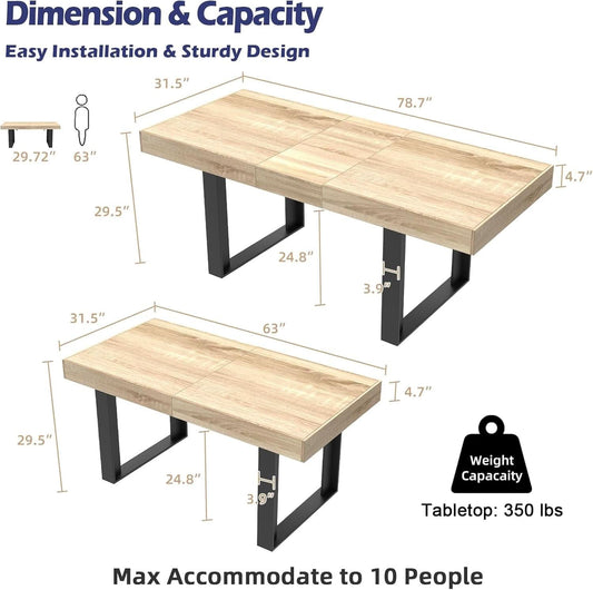 63-79 Inch Extendable Dining Table Rustic Oak Finish