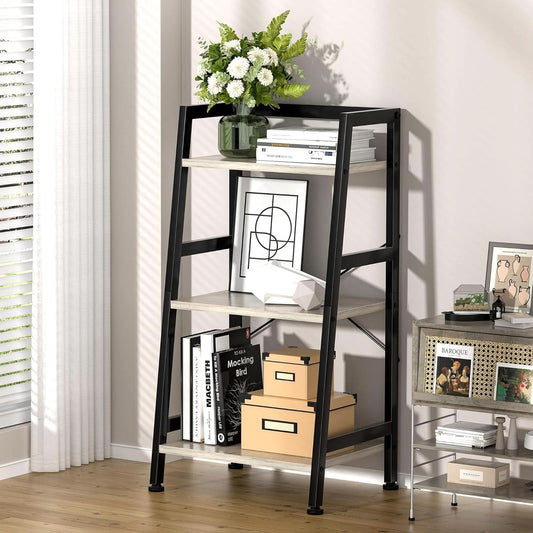 3-Tier Ladder Bookshelf With Steel Frame Greige Black