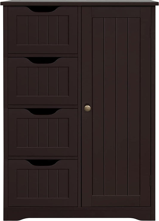 Brown Wooden Bathroom Floor Cabinet With 4 Drawers
