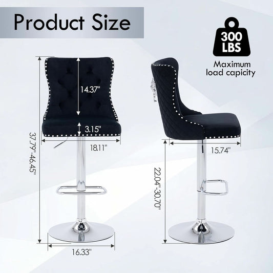 Velvet Swivel Bar Stools Adjustable Set Of 4 In Black