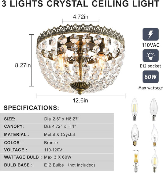 Three Light French Empire Crystal Chandelier Antique Bronze Dimmable Flush Mount