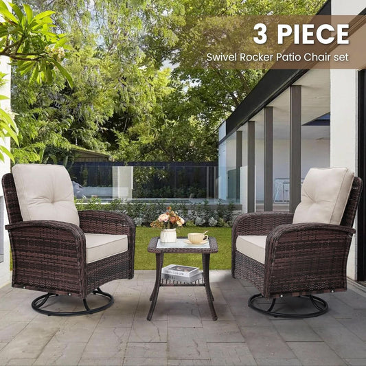 Two Outdoor Swivel Wicker Glider Patio Chairs With Table Set Brown Rattan And Beige Cushions