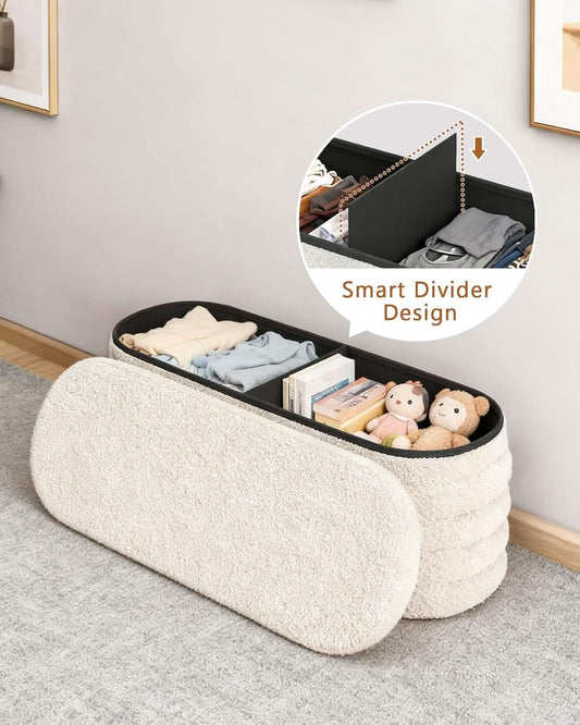 43 Inch SherpaWhite Upholstered Storage Ottoman Bench