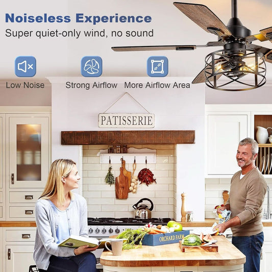 42 Inch Farmhouse Cage Ceiling Fan With Remote E26 Bulbs