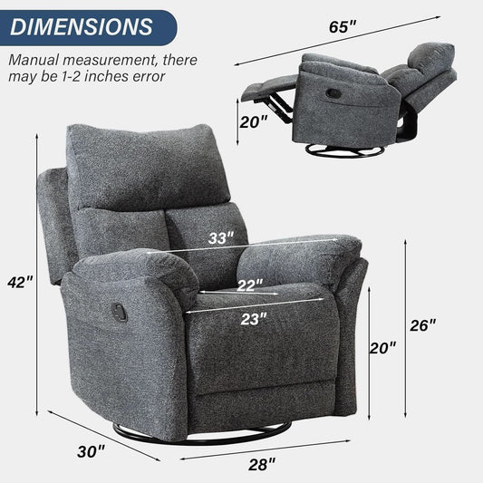 Swivel Rocker Recliner Chair Gray Fabric For Small Spaces