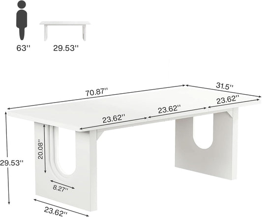 Modern White Dining Table 71 Inch With Wood Pedestal Base