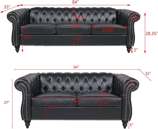 Black Faux Leather Chesterfield Sofa Set 3 Seater Loveseat
