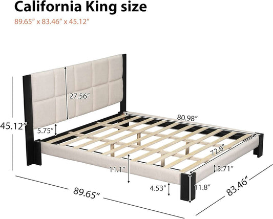 King Size Beige Boucle Upholstered Bed Frame With Solid Wood Slat Support