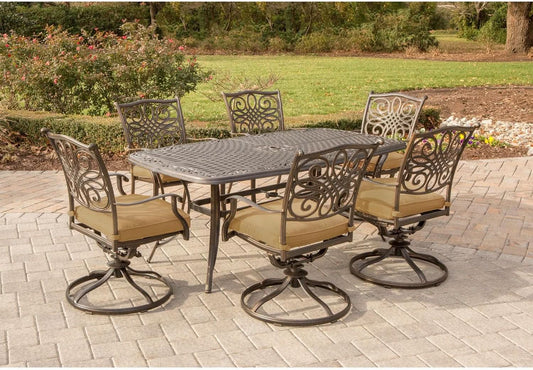 7 Piece Patio Dining Set 6 Swivel Chairs Tan Cushions 38x72