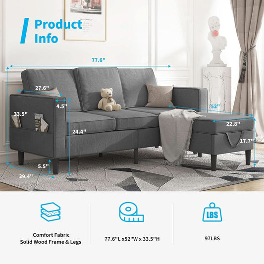 Dark Grey Convertible Sectional Sofa With Storage Ottoman